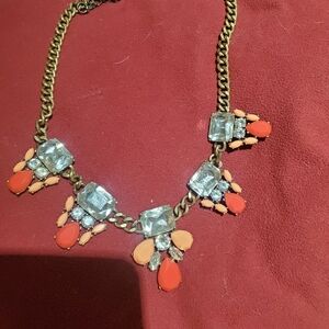 J. Crew Gold-Tone Necklace w Coral, Peach, Crystal Flowers Accents